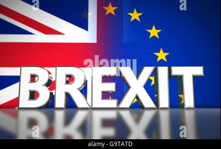Brexit British referendum UK concept with sign and Union Jack and EU flag with transition effect on background 3D illustration. Stock Photo