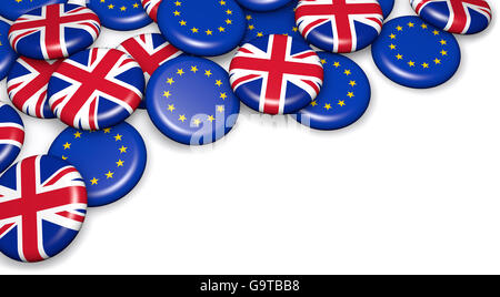Brexit British referendum concept with UK and EU flag on campain pin badges 3D illustration on white background. Stock Photo