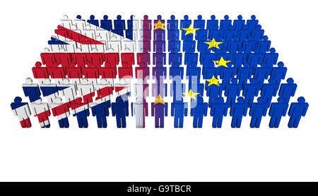 Brexit British referendum concept with Union Jack and EU flag on a splitted people parade 3D illustration on white background. Stock Photo