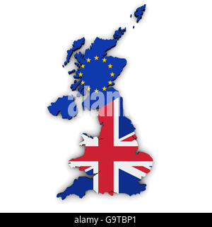 Brexit British referendum concept with Union Jack and EU flag on UK map and shape 3D illustration on white background. Stock Photo