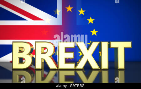 Brexit British referendum UK concept with golded sign and Union Jack and EU flag with fading effect on background. Stock Photo