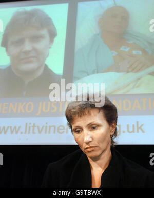 A tearful Marina Litvinenko, wife of murdered Russian Alexander Litvinenko, attends a press conference in Whitehall, London today to launch the Litvinenko Justice Foundation. Stock Photo