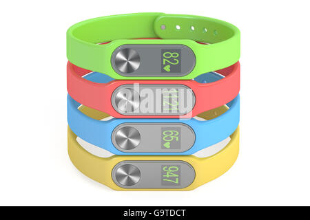 set of colored activity trackers or fitness bracelets, 3D rendering isolated on white background Stock Photo