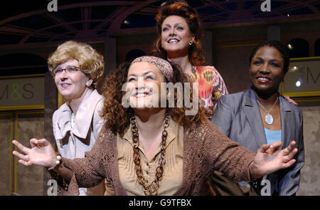 (From left to right) Su Pollard who plays Rutland Housewife, Amanda Symonds who plays Earth Mother, Samantha Hughes who plays Soap Star and Miquel Brown who plays Power Woman, perform a scene from Menopause the Musical at the Shaw Theatre in north London. Stock Photo