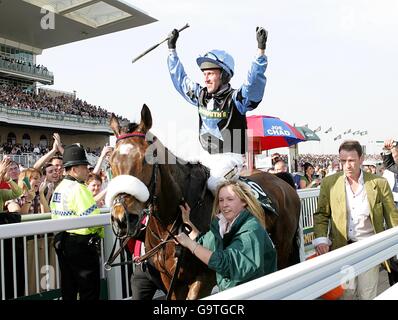 Robbie Power on Silver Birch celebrates after winning the John Smith's Grand National Chase (Handicap) (Grade 3) Stock Photo