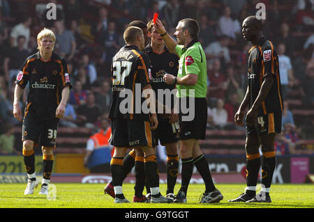 Soccer - Coca-Cola Football Championship - Crystal Palace v Wolverhampton Wanderers - Selhurst Park. Wolverhampton's Mark Little is shown the red card during the Coca-Cola Football Championship match at Selhurst Park, London. Stock Photo