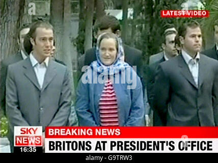 Videograbbed image taken from Sky News of British service personnel left to right: Andrew Henderson, Faye Turney and Chris Air after they met Iranian President Mahmoud Ahmadinejad in Tehran. Stock Photo