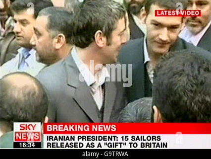 Videograbbed image taken from Sky News of British servicemen Left to right: Christopher Coe and Nathan Summers after he met Iranian President Mahmoud Ahmadinejad in Tehran. Stock Photo