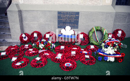 Wreaths at the Ulster Memorial Tower in Thiepval, France, during a service to mark the 100th anniversary of the start of the battle of the Somme. Stock Photo