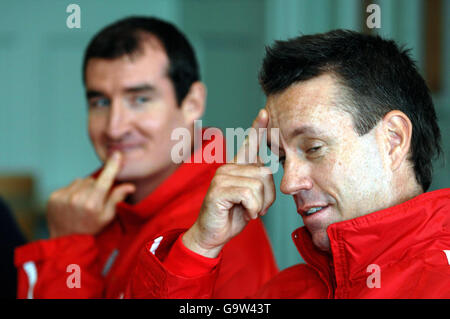 Cricket - Lancashire Press Day - Old Trafford. Lancashire vice-captain Stuart Law (right) with team mate Mal Loye during a press day at Old Trafford Cricket Ground, Manchester. Stock Photo