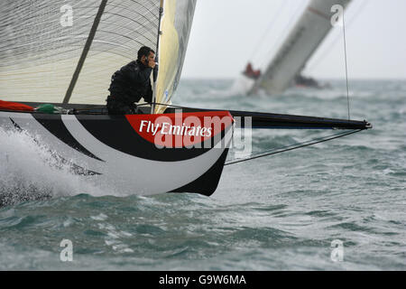 The bowman aboard the boat of British Olympic sailing gold medallist Ben Ainslie, Emirates Team New Zealand in Valencia, Spain where they are competing in the America's Cup. PRESS ASSOCIATION Photo. Picture date: Monday 2 April, 2007. The team skipper Dean Barker announced at a press conference earlier today that Ainslie will be helmsman aboard their yacht all this week. Racing begins tomorrow for the final Act of racing between the 12 teams to find a challenger to race against the defender Alinghi from Switzerland. The America's Cup is the world's oldest organised sporting event having been Stock Photo