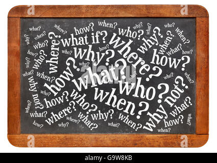 who, what, when, where, why, how questions - brainstorming concept  on a vintage slate blackboard isolated on white Stock Photo