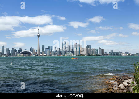 The Toronto skyline with CN tower in clear view seen across lake Ontario and taken from centre island. Stock Photo