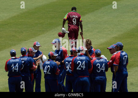 West Indies captain Brian Lara walks off after being run out by England's Kevin Pietersen during the ICC Cricket World Cup, Super Eight match at the Kensington Oval, Bridgetown, Barbados. Stock Photo