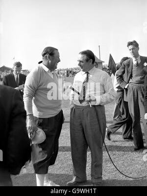 Golf - The Open Championship - St Andrews. Bobby Locke (left) is interviewed after winning the British Open golf Championship Stock Photo