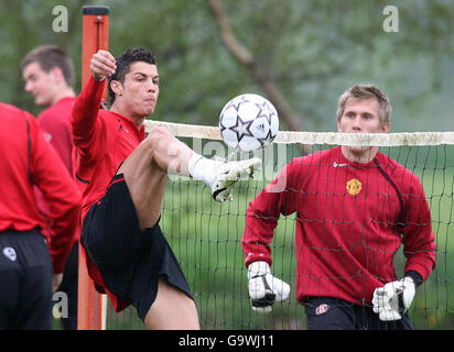 Soccer - UEFA Champions League - Manchester United Training Session - Carrington. Manchester United's Cristiano Ronaldo in action during a training session at Carrington, Manchester. Stock Photo