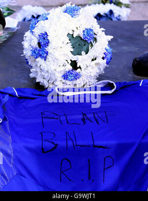 Tributes laid outside Goodison Park, Liverpool, in memory of Everton and England legend Alan Ball who died last night.