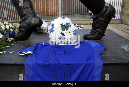 Tributes laid outside Goodison Park, Liverpool, in memory of Everton and England legend Alan Ball who died last night.