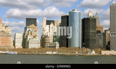 The lower Manhattan skyline as viewed from the Staten Island Ferry in New York City Harbour.. Stock Photo