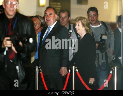 SNP leader Alex Salmond arrives with his wife Moira for the Scottish Parliament elections count in his Gordon constituency. Stock Photo