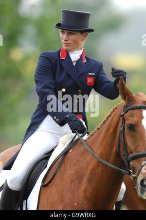 Zara Phillips and Toytown before competing in the dressage at the Mitsubishi Motors Badminton Horse Trials. Stock Photo