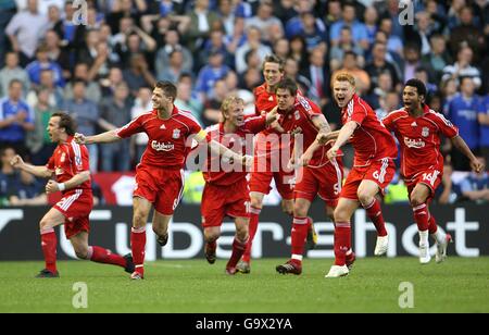 Liverpool players celebrate after Daniel Agger scores the first goal of the game. L-R: Boudewijn Zenden, Steven Gerrard, Dirk Kuyt, Peter Crouch, Daniel Agger, John Arne Riise and Jermaine Pennant. Stock Photo