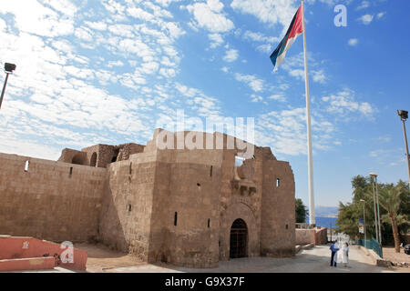 Aqaba Castle, Mamluk Castle, Aqaba Fort, Flagpole, Flag of Jordan / Akaba Stock Photo