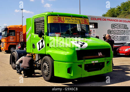 Truck in its mechanical stand for some repairs to the trucks racing from France championship on Ales circuit Stock Photo