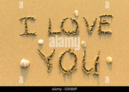I Love You - drawn by hand on a sandy golden sea beach. Stock Photo