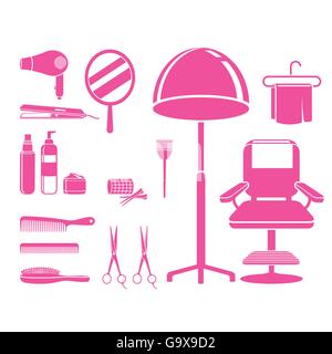 Hair Salon Equipments Set, Monochrome, hairdressing, beauty, hair shop, accessories, objects, icons Stock Vector