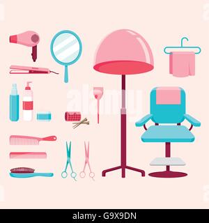 Hair Salon Equipments Set, hairdressing, beauty, hair shop, accessories, objects, icons Stock Vector