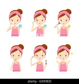 Girl Makes Up With Various Actions Set, cosmetics, facial, beauty, fashion, woman lifestyle, concepts Stock Vector