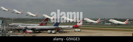 COMPOSITE PHOTO. A British Airways aircraft takes off from Heathrow Airport in London. Stock Photo