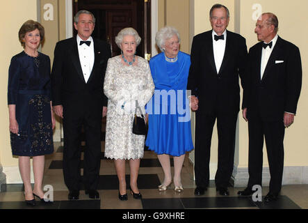 Britain's Queen Elizabeth II and the Duke of Edinburgh, right, stand for a group photo during a return dinner she hosted for US President George Bush, second left, and his wife Laura, left, which was also attended by his father and former President, George Bush Senior and wife Barbara at the Ambassador's Residence, Washington DC, on the final day of Her Majesty's state visit to America. Stock Photo