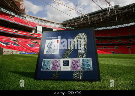 New set of Royal Mail stamps on the Wembley Stadium pitch. Stock Photo