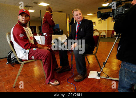 West Indies captain Ramnaresh Sarwan keeps an eye on the weather as he waits to be interviewed at the County Ground, Taunton. Stock Photo