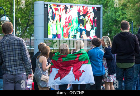 Castle Square, Swansea, Wales. 1st July 2016. Fans watching Euro 2016 quarter finals just after Wales 2nd goal. Credit:  Nikki Court/Alamy Live News Stock Photo