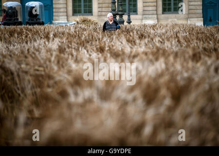 PARIS, July 1, 2016 -- A visitor stands among the art work of wheat ...