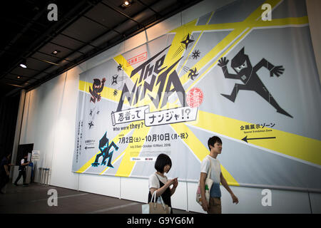 Tokyo, Japan. 02nd July, 2016. Entrance billboard during a ninja exhibition that kicks off Saturday at Miraikan in Tokyo, Japan on July 2, 2016. A special exhibition entitled he Ninja- who were they? will be open from July 2 (Saturday), 2016 to October 10 (Monday) 2016 at the Miraikan (National Museum of Emerging Science and Innovation). (Photo: Richard Atrero de Guzman/AFLO) Credit:  Aflo Co. Ltd./Alamy Live News Stock Photo