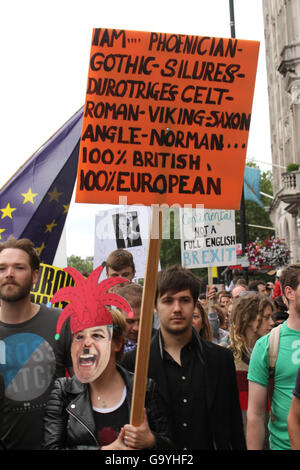 London, UK. 02nd July, 2016. LONDON, UK - JULY 2: A pro EU supporter seen with a placard ahead of the March For Europe demonstration a week after the Brexit Referendum vote. The pro EU supporters march on 2 July 2016, was from Hyde Park to parliament Square. Photo: David Mbiyu/ Alamy New Live Stock Photo