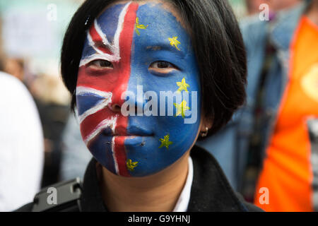 London, UK. 02nd July, 2015. Tens of thousands of people protest in the March for Europe against Brexit demonstration following a ‘Leave’ result in the EU Referendum on July 2nd 2016 in London, United Kingdom. The march in the capital brings together protesters from all over the country, angry at the lies and misinformation that the Leave Campaign fed to the British people during the EU referendum. Since the vote was announced, there have been demonstrations, protests and endless political comment in all forms of media. Half of the country very displeased with the result and the prospect of be