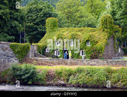 Visitors enjoying the Tu Hwnt I’r Bont Tearoom during the dry spell Llanrwst, North Wales, UK. Stock Photo