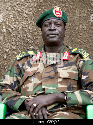 James Kong Chol, a high-ranking SPLA-IO member sitting in a base on the outskirts of the capital Juba, South Sudan, 22 June 2016. A peace agreement plans the integration of the former rebels into the armed forces (SPLA). There is deep mistrust on both sides. PHOTO: ANNA MAYUNI KERBER/DPA Stock Photo
