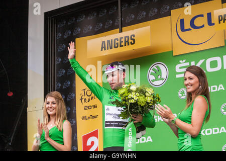 Angers, France. 4th Jul, 2016. Mark Cavendish on the podium of the 103rd edition of the Tour de France in Angers, France. Credit:  Julian Elliott/Alamy Live News Stock Photo