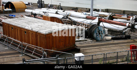 The masts, deck houses and riggings of the Cutty Sark at the Historic Dockyard in Chatham, Kent, where they are stored. Stock Photo