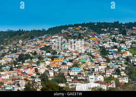 View of houses on Valparaiso hills, Chile Stock Photo