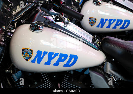 New York Police Department, NYPD, Harley-Davidson Electra Glide motorcycles parked in Times Square, 42nd Street, New York City Stock Photo