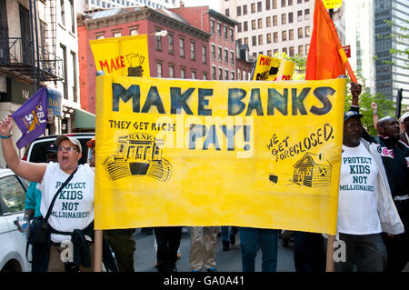 Make banks pay, protest against big banks, war, racial discrimination and in favor of more money for education, May 12, 2011, Stock Photo