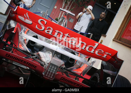 Celebrating F1 victory, McLaren exhibit a Mercedes racing car model, sponsored by Spanish bank Santander, at Spanish street festival A Taste of Spain, near Regent Street, in central London. Stock Photo