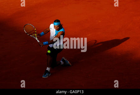 Rafael Nadal of Spain plays backhand during match against Juan Martin Del Potro of Argentina Stock Photo